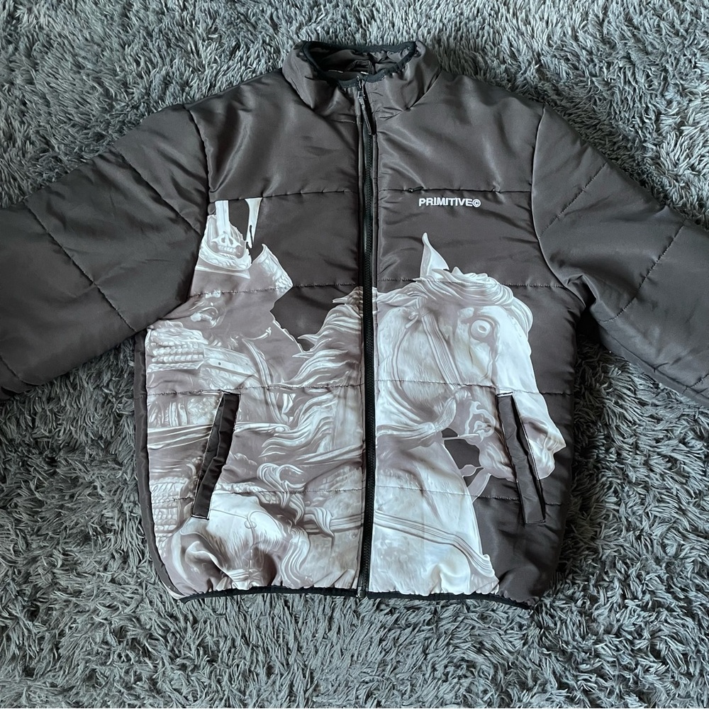 Primitive Black Puffer Jacket with Samurai & Horse Print
